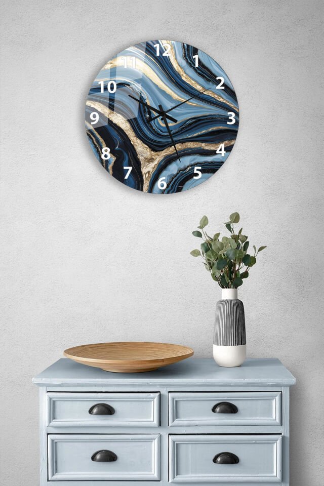 KIRILMAZ CAM DUVAR SAATİ, HEM TABLO HEM SAAT MAVİ ALTIN DAMARLI MERMER DESEN EV OFİS HEDİYESİ