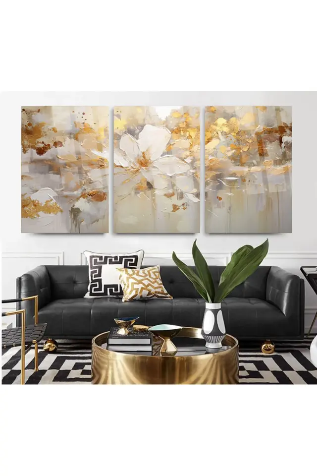 3 LÜ FIRÇA DARBELERİ ALTIN ÇİÇEK TASARIMI KIRILMAZ CAM TABLO ULTRA CANLI RENKLER EV HEDİYESİ Bej