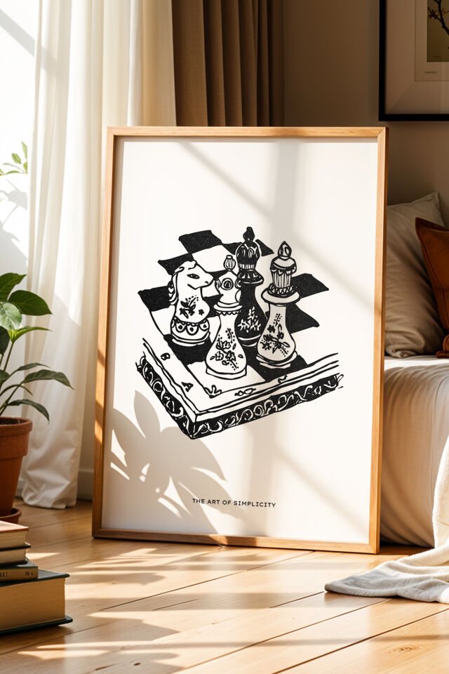 DOĞAL AHŞAP - Şah Mat Bohem Satranç Sanatı Ahşap Çerçeveli Duvar Tablosu