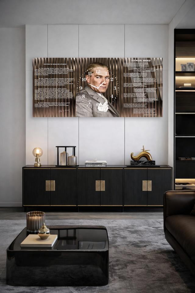 KIRILMAZ CAM DUVAR SAATİ , HEM TABLO HEM SAAT ATATÜRK VE GENÇLİĞE HİTABE TASARIM EV OFİS HEDİYESİ