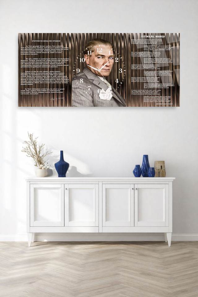 KIRILMAZ CAM DUVAR SAATİ , HEM TABLO HEM SAAT ATATÜRK VE GENÇLİĞE HİTABE TASARIM EV OFİS HEDİYESİ