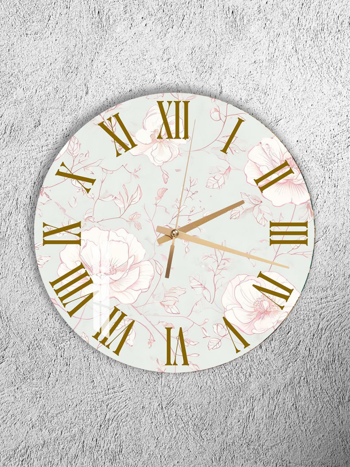 KIRILMAZ CAM DUVAR SAATİ, HEM TABLO HEM SAAT BEYAZ ZEMİN ALTIN ÇİÇEK DESEN ZARİF TASARIM EV OFİS HEDİYESİ