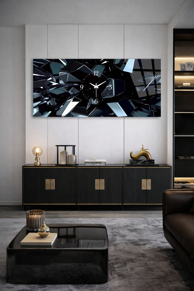 KIRILMAZ CAM DUVAR SAATİ , HEM TABLO HEM SAAT SİYAH CAM KIRIK EFEKTLİ TASARIM EV OFİS HEDİYESİ