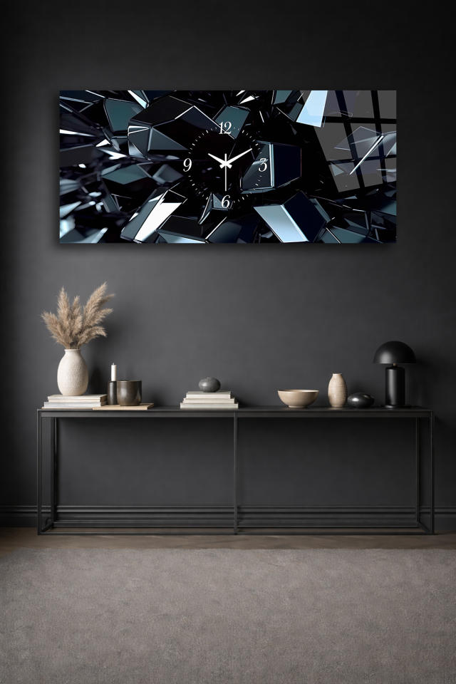KIRILMAZ CAM DUVAR SAATİ , HEM TABLO HEM SAAT SİYAH CAM KIRIK EFEKTLİ TASARIM EV OFİS HEDİYESİ