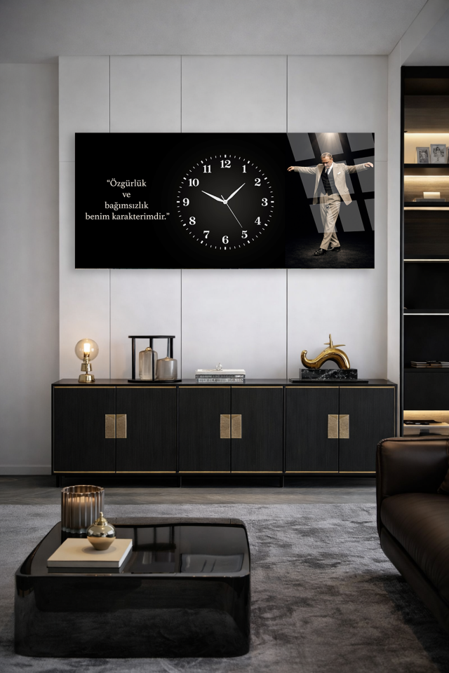 KIRILMAZ CAM DUVAR SAATİ , HEM TABLO HEM SAAT ATATÜRK İMZALI TASARIM EV OFİS HEDİYESİ