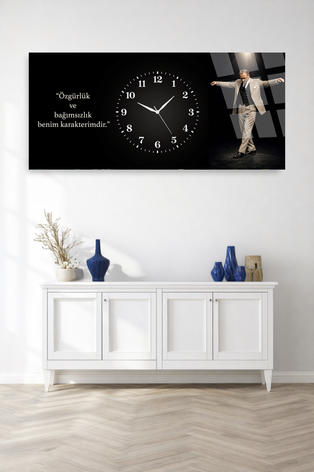 KIRILMAZ CAM DUVAR SAATİ , HEM TABLO HEM SAAT ATATÜRK İMZALI TASARIM EV OFİS HEDİYESİ