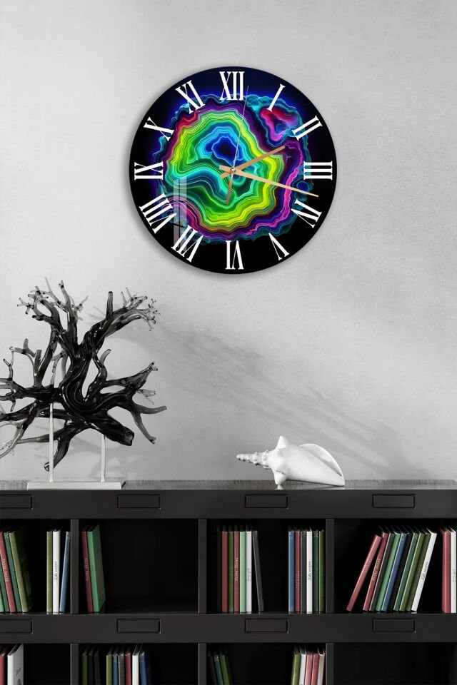 KIRILMAZ CAM DUVAR SAATİ, HEM TABLO HEM SAAT RENKLİ AKİK TAŞ SOYUT LÜKS TASARIM EV OFİS HEDİYESİ